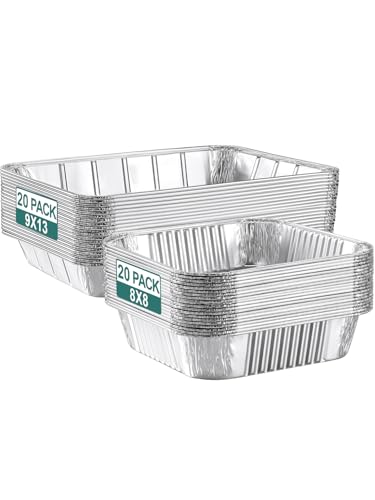 NEEBAKE 40 Pack Disposable Aluminum Pans Combo Set - 20 Large 9x13 Aluminum Foil Pans Half Size & 20 Small 8x8 Tin Foil Baking Pans Tin Trays Containers for Meal Prep Food Cooking Roasting Heating
