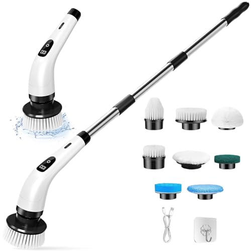 Brosse Rotative Nettoyage Electrique avec 8 Têtes Remplaçables, Brosse sans Fil Poignée Réglable 2 Vitesses, Brosse Douche pour Salle Bain, Sol, Cuisine,...