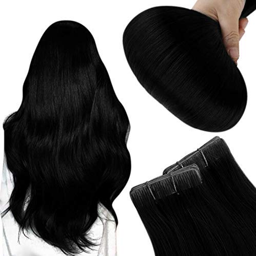 Full Shine Tape in Hair Extensions Inject Hand Tied Remy Hair Extensions 18Inch Color 1 Jet Black 2.5g per Pcs 5Pcs Per Pack Seamless Extensions Human Hair Tape in Hair