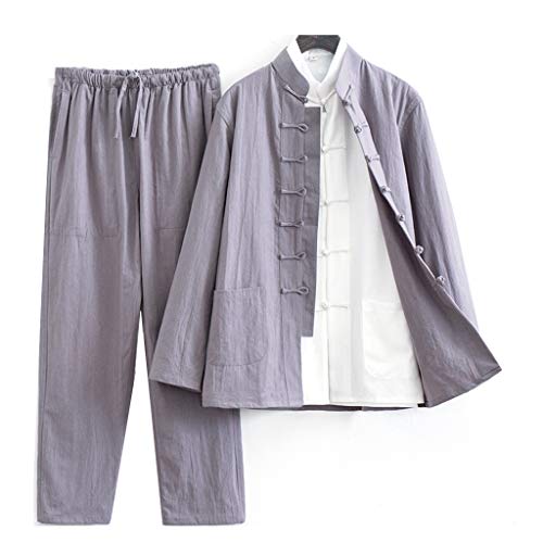 ZHOUXIAO Linge de Coton Tai Chi Uniforme Hommes Kung Fu Vêtements à Manches Courtes Vêtements Traditionnels Chinois, Pantalons, Vestes, Costume de Talons Martiaux de Tang Han Grey-XXL Cover