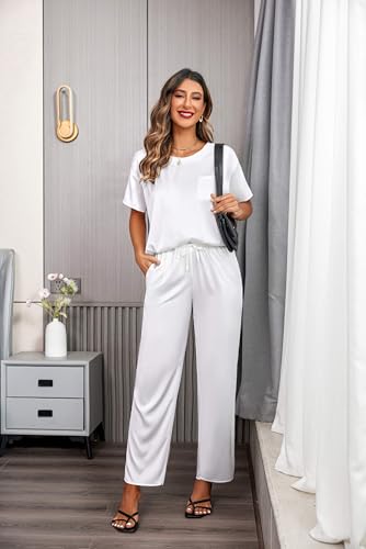 Image of Ekouaer Womens Satin Silky Pajama Set Short Sleeve Shirt with Long Pajama Pant Set Soft PJ Loungewear