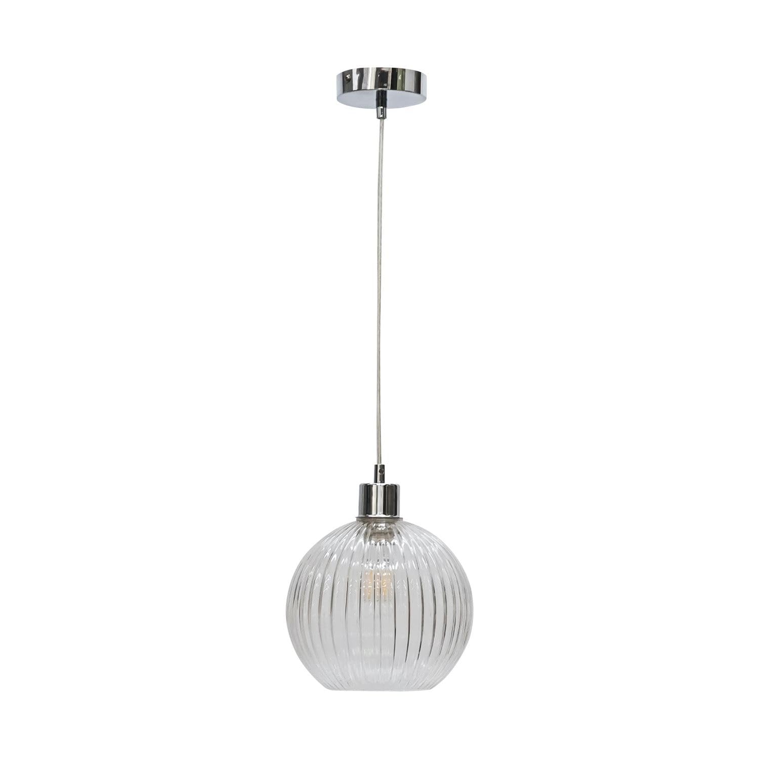Firstchoicelighting Chrome & Clear Ribbed Glass Globe Ceiling Light Pendant With Chrome Details And Clear Cable, Height Adjustable 23-130Cm, Kitchen Island Dining Lighting