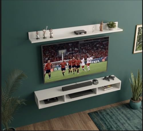 Image of Bros Moon Engineered Wood, Wall Mounted TV Cabinet, Frosty White, Modern Style, Laminated Finish, for Living Room, Suits TV up to 55 Inches (Frosty White, Parallel Roof Top 48 Inches)