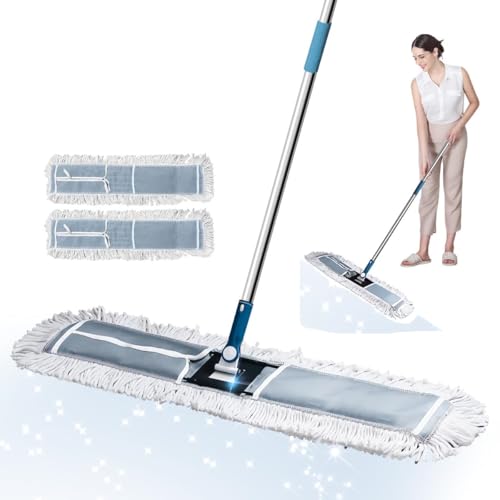 Industrial Flat Mop, 90cm Wide Flat Mop Large Commercial Thread Mops with 2 Washable Cotton Pads Stainless Steel Handle Wet Dry Dust Floor Cleaning Tool for Home Office Hotel Factory Floor Cleaner