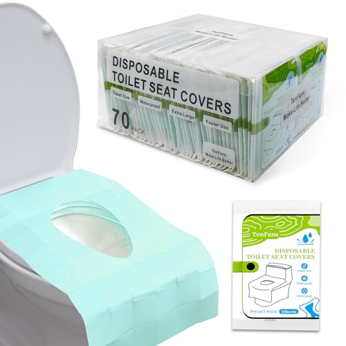 Image of ​​TenFan Disposable Toilet Seat Covers - 70-Pack Waterproof XL Travel Pack, Adhesive Secure Fit for Public Toilets, Camping, Airport & Hospital (Adults & Kids)​​