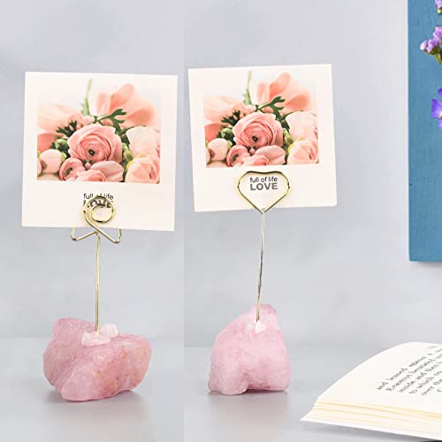 Nupuyai 2pcs Rose Quartz Natural Raw Stone Golden Stand Clip Photo Holders Set - Image 2