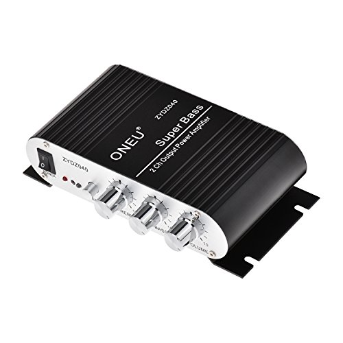 ONEU Mini amplifier Super Bass Hi-Fi Stereo Audio Amp Booster for Car Moto Home with DC 12V 3A Power Supply, Black