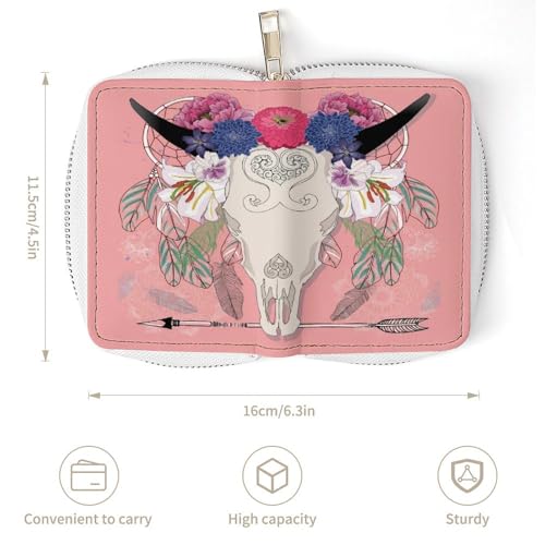 Women Leather Coin wallet, Key Change Organizer Zipper Card Holder Purse Clutch Pouch Pocket 4.5x3.15 in Print Tribal Ethnic Cow Skull Arrow Feathers Flowers on Red3