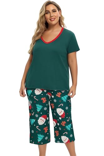 Image of Vozanet Women's Pajamas Set Soft V Neck Sleepwear Top and Capri Pj Lounge Sets Cartoon Heart Shape Cat Nighty Plus Size