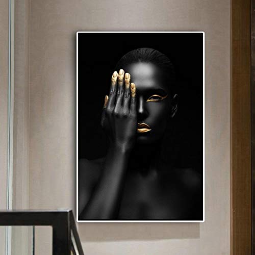 Peinture sur toile femme africaine noir et or 30x50 cm décoration murale moderne de salon sans cadre