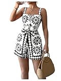 SOLY HUX Women's Boho Print Wide Leg Short Jumpsuits Summer Square Neck Belted Vacation Romper Black Floral Medium