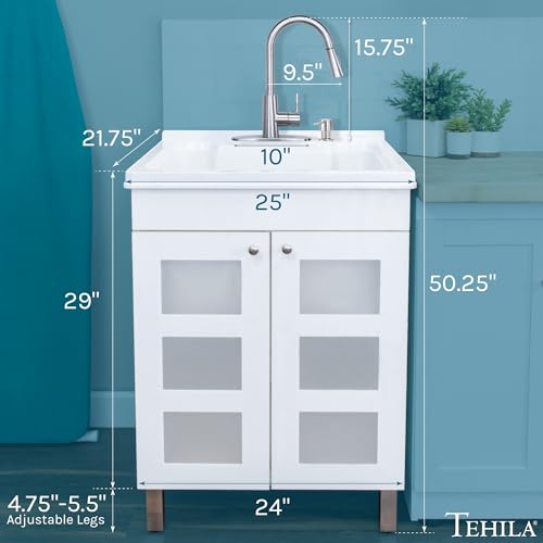 Image of Utility Sink with White Vanity Cabinet by JS Jackson Supplies, Stainless High-Arc Pull-Down Sprayer Faucet, Soap Dispenser and Spacious Vanity for Laundry Room