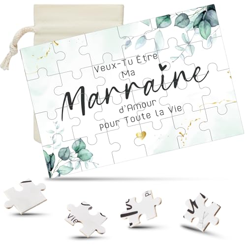 Threan Set de Cadeau pour Marraine et Parrain Puzzle de Marraine en Bois, Puzzle d'Annonce pour Parrain et Sac à Cordon en Toile pour Baptême
