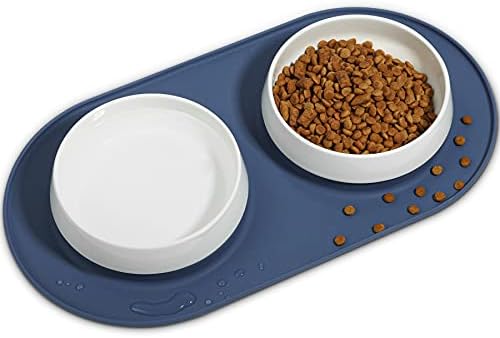 MSBC Ceramic Dog Bowl Set with Silicone Mat Non-Skid Non-Spill, Wide Mouth Dog Feeding Bowl, Food and Water Pet Feeder for Dog Cat Puppy, Feeding Mat with Removable Ceramic Bowl, Dishwasher Safe