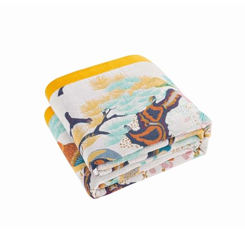 Image of XIBLC Fall Throw Blanket for Couch, Yellow Boho Decorative Throw Blanket, 100% Cotton Muslin Breathable Woven Farmhouse Blankets Quilt, 50 inchx60 inch Reversible Lightweight Blankets Bohemian Throw Quilt