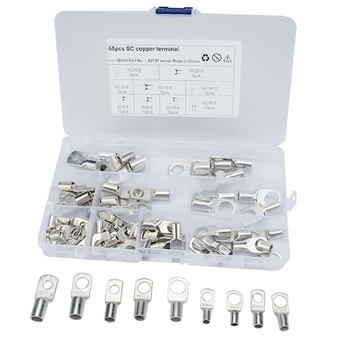 Amosfun 65Pcs Bare Copper Tube Lug Terminal Kit Tinned Crimped Connectors for Battery Electrical Applications Heavy Duty for Reliable Connections