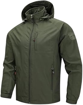 OlyljpinZ Heren lichtgewicht jas winddicht werk softshell uitloper militaire tactische outdoor sport jas ademend wandelen bergjas meerdere zakken windjack met afneembare capuchon, Kaki, XL
