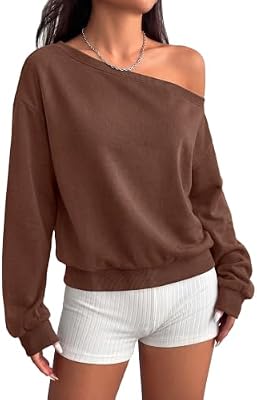 PRETTYGARDEN Womens Off The Shoulder Sweatshirt Fall Long Sleeve Tops Brown