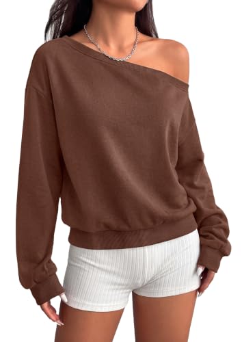 PRETTYGARDEN - PRETTYGARDEN Womens Off The Shoulder Sweatshirt Fall Long Sleeve Tops Brown (33% Off Amazon Deal)
