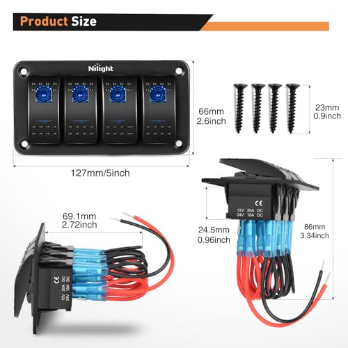 Image of Nilight - 90109D 4 Gang Aluminum Rocker Switch Panel Toggle Dash 5 Pin ON /Off Pre-Wired Rocker Switch Blue Backlit Switch for Automotive Car Marine Boat RV,2 Years Warranty