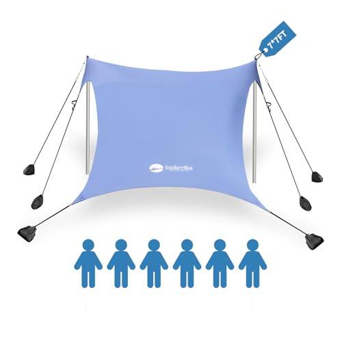 EasierHike Beach Tent Sun Shelter with 6 Sandbags, 7x7.15 FT UPF 50+ Pop Up Beach Canopy with Reinforced 6-Bag Stability, Portable Sun Shade for Sand and Grass, Includes 2 Poles and Bottle Opener