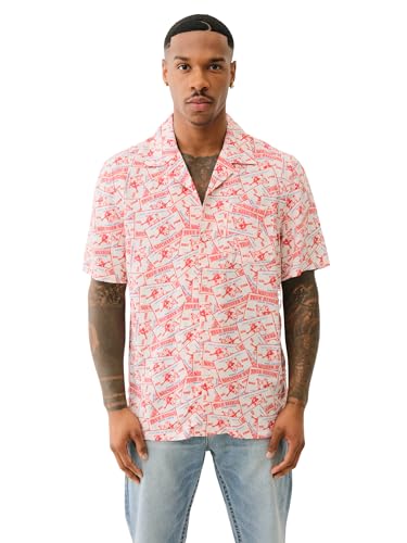 True Religion Men's Camp Collar Shirt - Red/Blue/Natural | Short Sleeve Fit Button-Up2