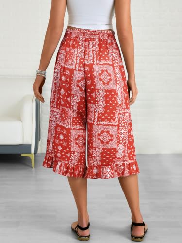 Image of Womens Wide Leg Palazzo Capri Pants Fun Vintage Print Flowy Cropped Capris
