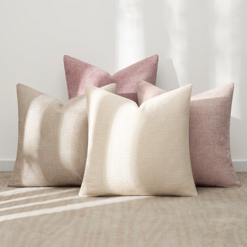 Image of MIULEE Pack of 4 Valentines Couch Throw Pillow Covers 20x20 Inch Neutral Pink Cute Decorative Chenille Pillows Farmhouse Boho Accent Cushion Covers for Coquette Room Spring Decor Sofa Bed Living Room