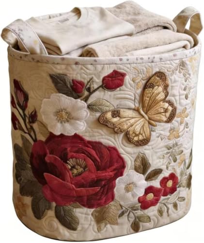 Image of Quilted Laundry Basket With Handles,boho storage basket,quilted basket | aesthetic decorative laundry basket ,washable storage basket,for storing clothes, blankets, and thing