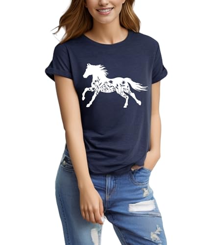 Horse Shirts for Women Horse Riding Tee Shirt Animal Lover Gift Western Country Summer Casual Graphic Tees Tops Cyan