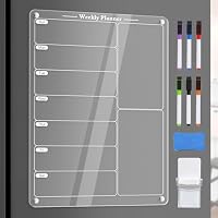 Fridge Whiteboard - Magnetic Menu Board with 6 Markers, Clear Acrylic Meal Planner & Weekly Calendar for Kitchen Organisation - Dry Erase Board