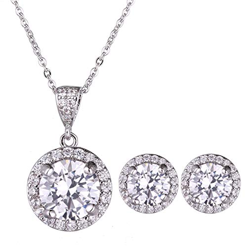 AMYJANE Crystal Jewelry Set Bride Bridesmaid- Sterling Silver Round Cubic Zirconia Crystal cz Bridal Pendant Necklace Earrings Set for Women Party Prom