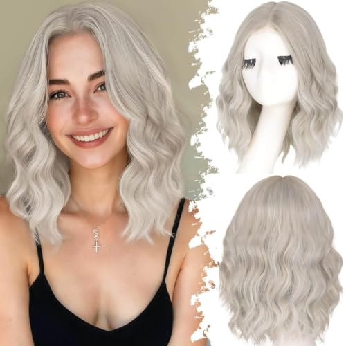 Image of Eawwii Wigs for Women Silver Gray,Short Wavy Synthetic Lace Wig