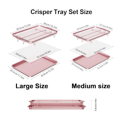 Image of Air Fryer Basket for Oven, THORSES 2 Set Oven Air Fryer Basket and Tray Set | with 60 Sheets Parchment Papers, Carbon Steel NonStick Air Fryer Pans and Tray-Large15 inchx11 inch & Medium13.4 inchx9.6 inch-Pink