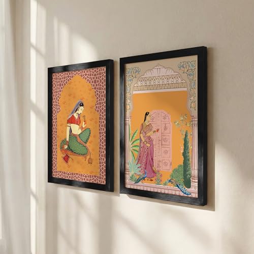 Image of NoWorries Traditional Theme frames of Rajasthan Wall Decor Wall frames for Home and Cafe Decoration - Madhubani art Big Size Wall Painting for Wall Decoration - Set of 2 Traditional frames for dining room (Synthetic Wood frame) (Leminated 300 GSM Pigment Digital Print) (framed, Multicolur) Set of 2