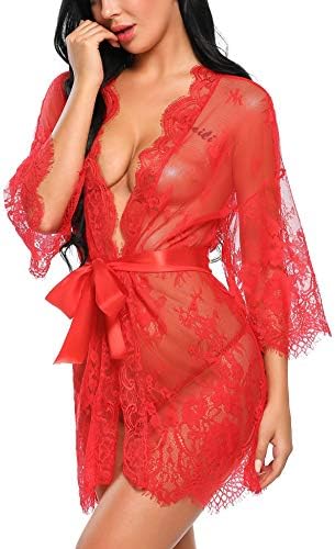 Avidlove sheer robes for women sexy Women's Lace Kimono Robe Babydoll Lingerie Mesh Nightgown Red M