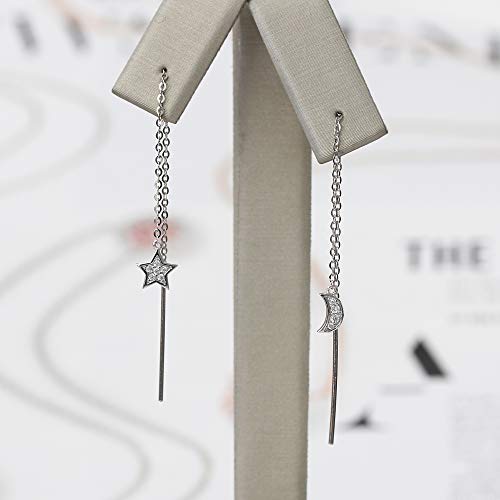 Solid 14K Gold Earrings, White Gold Earrings OR Rose Gold Earrings Handmade CZ Stone Star Moon Crescent Threader Drop Earrings3