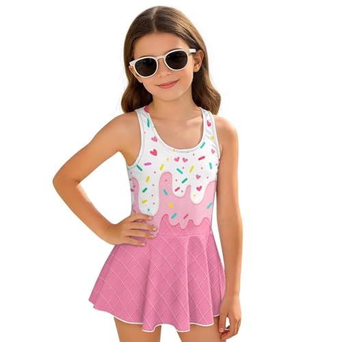 AFPANQZ Pink Ice Cream Girls' Quick Dry One Piece Swimsuit with Skirt, Lightweight & Comfortable Skirted Bathing Suit for All-Day Wear, Sizes 3-13 Years