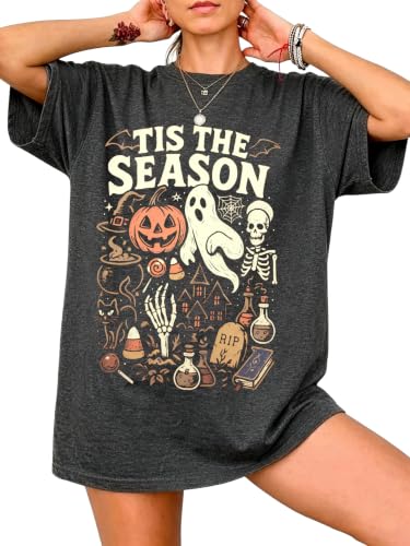 Tis The Season Halloween Shirts Women Oversized Spooky Season Ghost T-Shirt