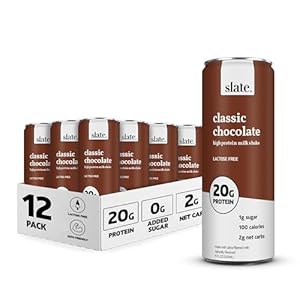 Slate Milk – High Protein Milk Shake – Classic Chocolate – Lactose Free, 20g Protein, 1g Sugar, 100 Calories, 2g Net Carbs, No Added Sugar – Natural, Breakfast Boost, Post Workout – 11 fl oz, 12 Cans