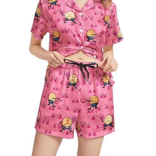 Image of Funny Pajamas for Women Set Print Satin Loungewear Pjs Short Sleeve Button Down Top and Shorts Sets Sleepwear XS-3XL