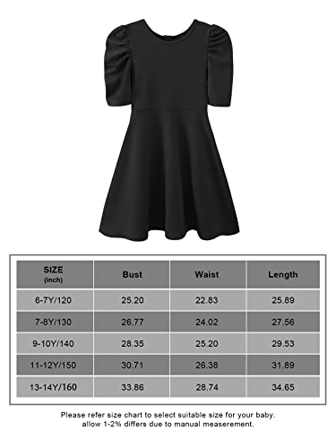 Girls Puff Sleeve A-Line Flared Skater Party Dress Solid Round Neck Flowy Dresses For 6-14Y(Black, 13-14Y) #TOP6
