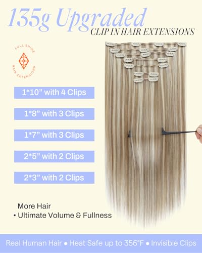 Image of Full Shine Blonde Clip in Hair Extensions, 18 Inch 135g 7Pcs | Seamless Invisible Clip ins, Blonde Highlight Real Human Hair for Thick Hair, Straight Style, Weddings & Special Events