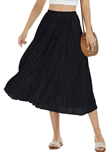 Ranphee Black Summer Midi Skirts For Women 2023 Dressy Casual Trendy Ladies Elastic Waist Maternity Below Knee Mid Calf Tea Length Church Skirt With Pockets S #TOP4