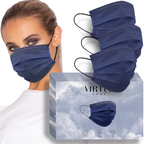 Image of VIRTUE CODE Navy Blue Support Face Masks - Soft 3 Ply Comfort Colorful Disposable Face Mask 50 Pack. Adults Mens and Womens Disposable