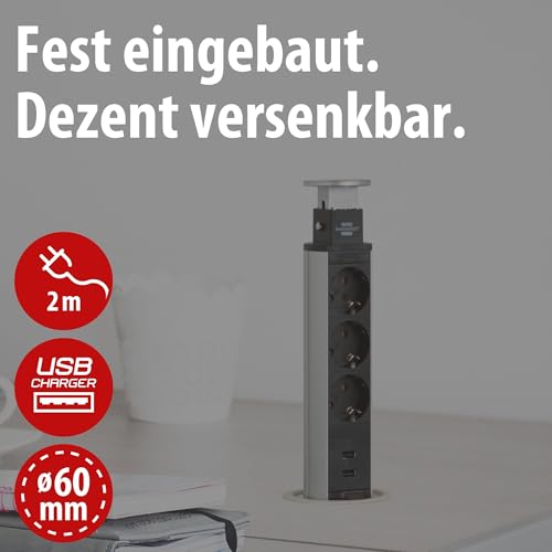 Brennenstuhl Tower Power, Tischsteckdosenleiste 3-Fach (versenkbare Steckdosenleiste, 2-Fach USB, 2m Kabel, komplett in Tischplatte versenkbar) Silber/schwarz