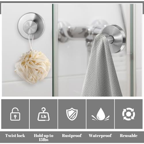 Image of Suction Cup Hooks, 4 Pack Silver Stainless Steel Suction Hooks for Shower