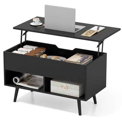 COSTWAY Mesa de Centro Elevable de Madera, Mesa de Cóctel Moderna con Compartimento Oculto & 2 Estantes Abiertos, para Salón, Sala de Recepción, Oficina (Negro)