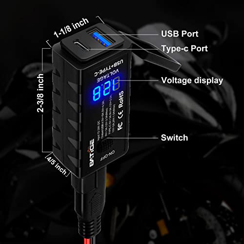 Batige Motorcycle Usb Charger Sae To Usb Adapter Type C And Quick Charge Usb 3.0 With Voltmeter, On/Off Switch And 3.6Ft Sae Extension Cable Waterproof 3 Install Options For Gps Smartphone Camera #TOP5