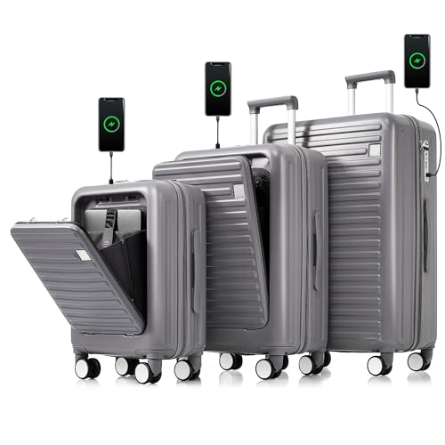 DEINPPA Luggage Set of 3, 20, 24, 28inch with USB Port, 20, 24inch with front opening design Airline Certified Carry on Luggage with Cup Holder, ABS Hard Shell Luggage with Spinner Wheels, grey blue